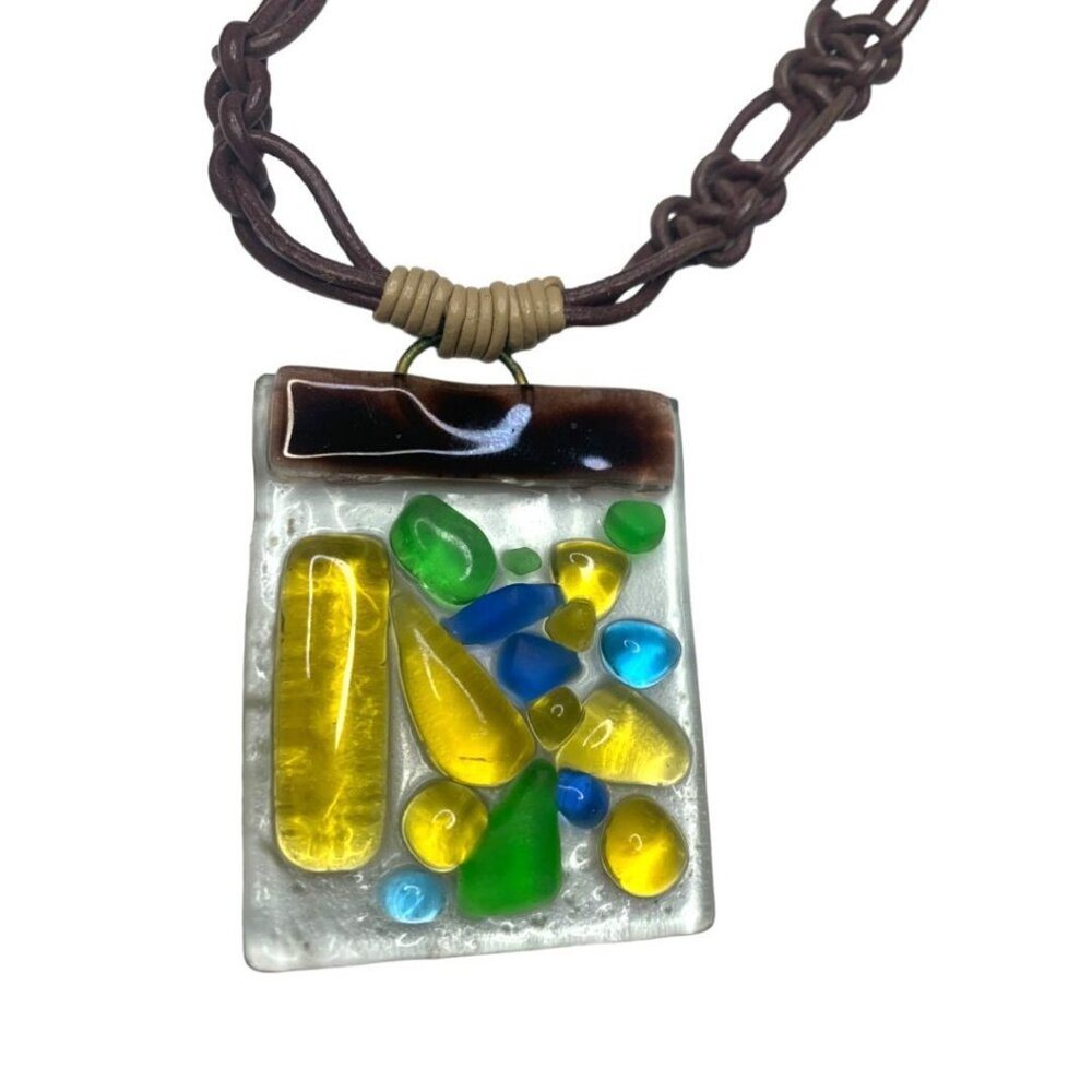 Art Glass Pendant Statement Necklace Mulitcolor 14" Toggle Clasp 2.2"h - Picture 4 of 16